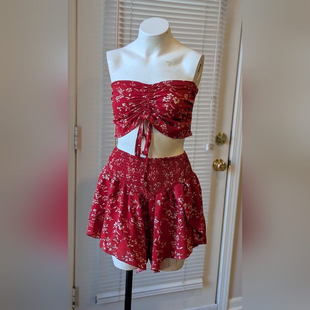 Red Floral Smocked Two-Piece Set